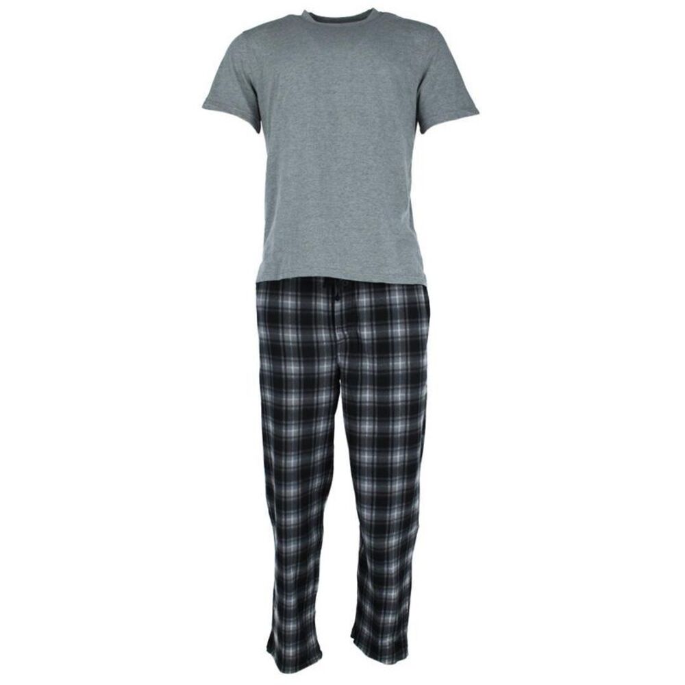 Fruit of the Loom Men's Fleece Plaid Sleep Pant and Tee Set
